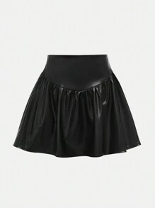 SHEIN Váy mini đơn giản, dễ mặc, phong cách Halloween, chất liệu da giả Gothic, lưng chữ V, dành cho nữ tuổi teen - màu đen - Xem 1