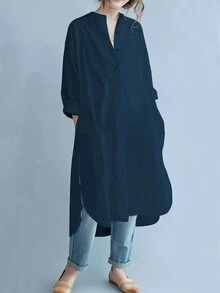 Damen durchgehendes Knopfverschluss Blusenkleid mit gekrümmtem Saum, langärmelig, modisch-Lässig für Frühling, Herbst