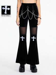 ROMWE Goth Quần dài nhung nối lưới thêu chéo dây kim loại dành cho nữ - màu đen - Xem 6