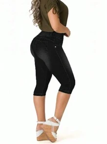 Women's Button Waist Belt Loop Pocket Streetwear Elastic Single-Breasted Denim Pants - Black - View 4