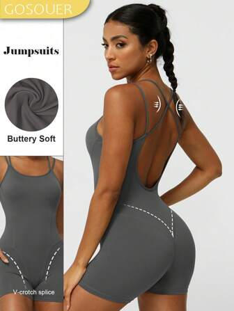 GOSOUER Women's Criss-Cross Deep V-Neck Backless Yoga Fitness Dancing Romper Shapewear Bodysuit