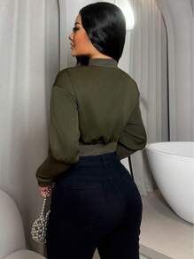 Zolique Women's Solid Color Dropped Shoulder Long Sleeve Cropped Casual Baseball Jacket, Spring & Fall - Army Green - View 2