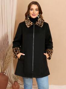 Plus Size Fall Curve Thanksgiving Women Leopard Print Patchwork Woolen Overcoat, Autumn Winter - Black - View 3