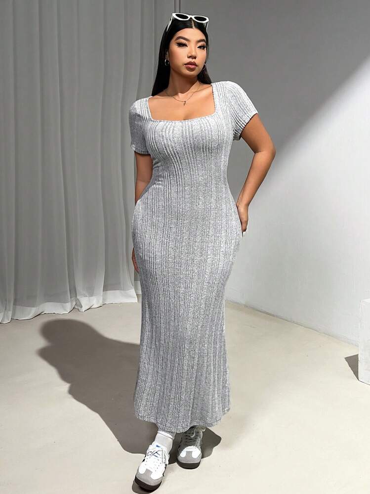 SHEIN EZwear Plus Size Women Grey Ribbed Short Sleeve Knit Dress