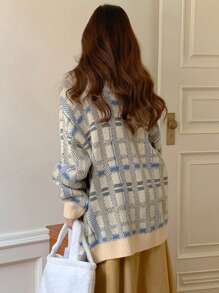 DAZY Damen Loose V-Ausschnitt Langarm Strickpullover, Herbst/Winter Karomuster