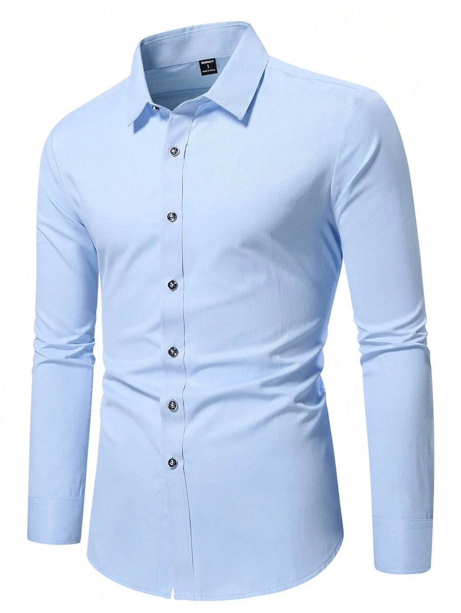 Manfinity Mode Men's Solid Color Simple Daily Long Sleeve Shirt, For Fall - Baby Blue - View 1