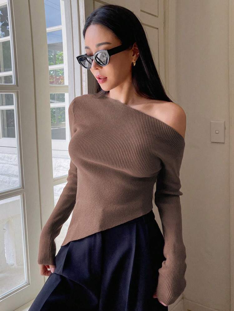 Women's Solid Slim Fit Asymmetric Shoulder Sweater,Long Sleeve Tops,Back To School Clothes,Fall Women Clothes