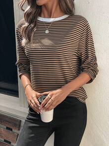 SHEIN LUNE Áo thun nữ sọc dài tay cơ bản đơn giản có cổ tương phản - Nhiều màu - Xem 5