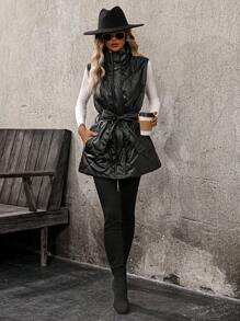 EMERY ROSE Women's Button Front Sleeveless Waist Tied Bow Ruched Fashion Winter Padded PU Jacket - Black - View 3