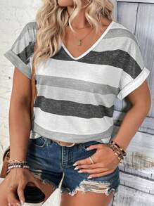 EMERY ROSE V-Neck Casual Striped Plus Size Digital Print T-Shirt Graphic Tees Women Tops, For Summer