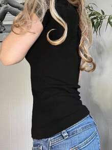 INAWLY Blusa de manga corta de unicolor negro con cuello redondo y botones delanteros para mujeres de talla grande