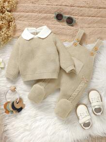 SHEIN Baby Mädchen 2er Set eleganter khakifarbener Baby Outfit, Langarm Pullover mit Kragen und Schleifendekor, kombiniert mit bequemen Latzhosen mit Taschen