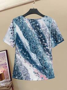 EMERY ROSE Printed Asymmetrical Cut H Shaped V Neck Ripple Imitation Sequin Patterned Summer Casual T-Shirt