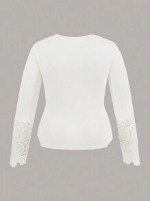 Slaydiva Women's Plus Size White T-Shirt,Everyday Smart Casual Slim Fit Silky Rib Knit Crew Neck Long Sleeve Lace Patchwork Elegant Top For Autumn,Spring - White - View 4