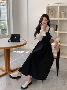 DAZY Vestido corto elegante de manga larga con solapa a color, vestido de camisa con volantes