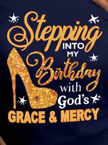 Calvaya Áo thun nữ cổ tròn tay ngắn in chữ cỡ lớn thường ngày - Màu xanh hải quân - Xem 3