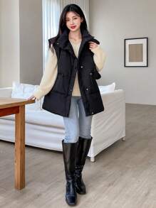 DAZY Women's Winter Casual Solid Color Stand Collar Drawstring Waistcoat Padded Coat , Black Vest ,Winter Women Clothes,Winter Coat Women Jacket - Black - View 5