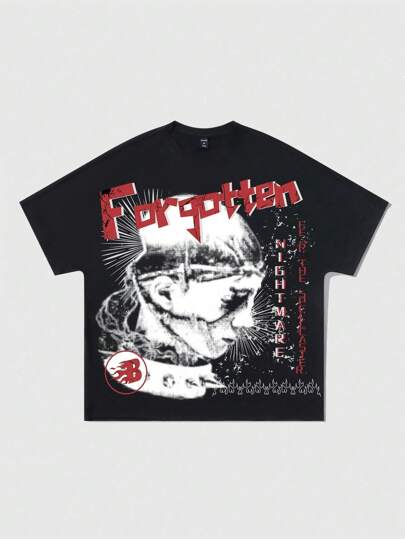 Grunge Punk تي شيرت تي شيرت نصف كم فضفاض مطبوع برسوم الشارع الرجعية, الصيف, المدرسة