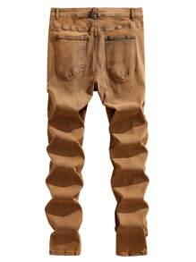 Manfinity LEGND Plus Size Men's Khaki Color Skinny Jeans, Frayed Jeans Plain Slim Fit Long Khaki Ripped Cargo Jeans, For Husband, Boyfriend Gifts