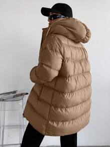 RueChic Zip Up Hooded Puffer Coat - Beige - View 2