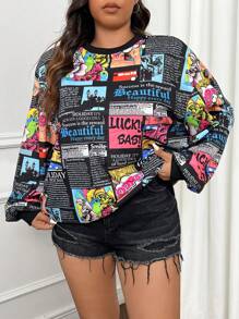 CovetEZ Plus Size Women's Colorful Random Print Crew Neck Long Sleeve Sweatshirt Graduation,Back To School Outfits,Graduation,Teacher Outfits For Women,Back To School In Fall/Winter - Black - View 6