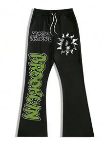 Manfinity Roghcode Calça de Moletom Casual Masculina com Cordão na Cintura e Estampa de Letras - Preto - Visão 2