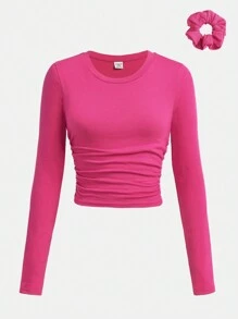 SHEIN Girlism 2pcs Teen Girls Set: Ruched Waist Knit Cute T-Shirt, For Fall - Hot Pink - View 1