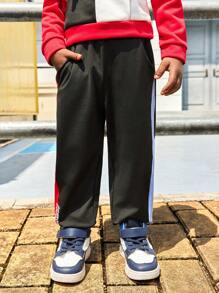 SHEIN Young Boys Casual Letter Print Contrast Color Loose Sports Sweatpants With Elastic Waist & Ankle - Black - View 5