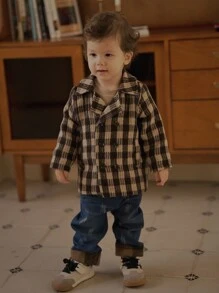 SHEIN Toddler Plaid Pattern Woolen Casual Jacket - Multicolor - View 9