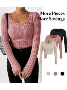 SHEIN Essnce 3pcs/Set Women's Assorted Color Knitted Long Sleeve T-Shirts - Multicolor - View 2