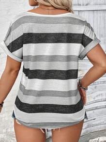 EMERY ROSE V-Neck Casual Striped Plus Size Digital Print T-Shirt Graphic Tees Women Tops, For Summer