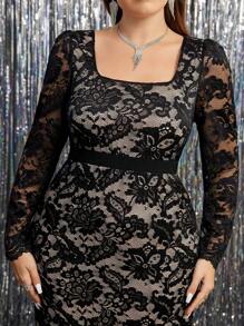 Ellevyn Halloween Autumn/Winter Long Sleeve Full Lace Dress For Elegant Party Wear, Plus Size Black Homecoming Dress Fall Wedding Guest Dress - Black - View 2