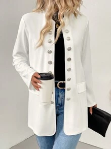 SHEIN Clasi Women's Cinched Waist Long Sleeve Jacket With Metal Button Decor - White - View 1