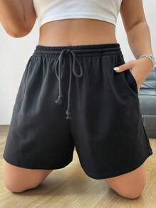 SHEIN EZwear Quần short dây rút màu đen có túi mùa hè dành cho nữ cỡ lớn - màu đen - Xem 1