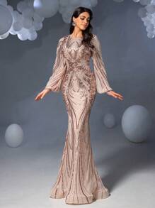 Faeriesty Elegantes Abendkleid für Damen mit elegantem rundem Ausschnitt, durchgehender funkelnder Pailletten-Stickerei, dramatischen Laternenärmeln, schmeichelhafter figurbetonter Silhouette und Meerjungfrau-Saum für Gala-Events, Jubiläumsbälle, Feierlichkeiten, formelle Abendessen und Abendgalas, Sommerurlaubs-Outfits, Hochzeitsfrühlingsfeste - Champagnerfarben - Übersicht 5