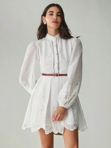 Enchnt Đầm dài tay đơn giản màu trơn hàng ngày cho nữ - trắng - Xem 5