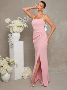 SHEIN Unity Sleeveless Square Neck Dress With Ribbon Detail - Pink - View 3