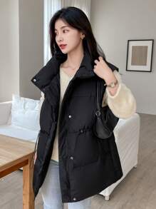 DAZY Women's Winter Casual Solid Color Stand Collar Drawstring Waistcoat Padded Coat , Black Vest ,Winter Women Clothes,Winter Coat Women Jacket - Black - View 8