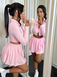 BamGleam Slayr 2pcs Women Casual V-Neck Zip-Up Short Sleeve Top And Pleated Skirt Tennis Outfit Set - A,Back To School Clothes,Pink Two Pieces,Fall Tops