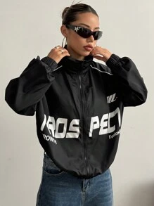 StreetHx Letter Print Contrast Trim Casual Jacket - Black - View 1