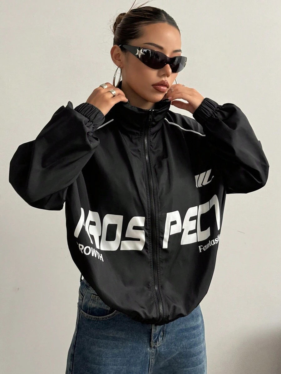 StreetHx Letter Print Contrast Trim Casual Jacket - Black - View 1