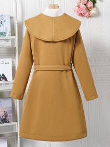 青少年女孩长袖系带领中长款休闲外套 - 棕色 - 查看 2