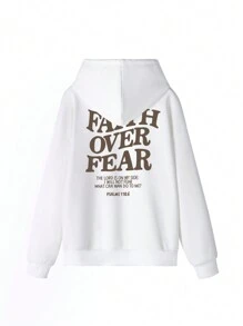 女士冬季 FAITH OVER FEAR 口号图案长袖抽绳连帽衫，带口袋，休闲宽松百搭假日风格上衣，时尚冬季女装，适合日常穿着 - 白色 - 查看 3