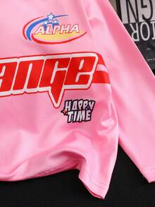 SHEIN 女宝宝时尚街头风格赛车与字母印花圆领长袖休闲上衣 - 粉色 - 查看 8