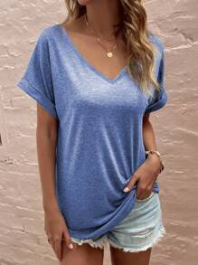 SHEIN LUNE V-Ausschnitt einfarbiges lässiges Kurzarm T-Shirt, Sommer