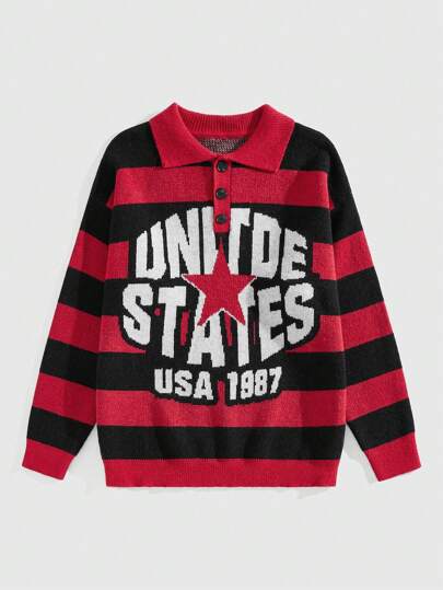 Street Life Jersey de cuello polo con bloque de color, diseño de rayas y letra, para hombre, primavera/otoño