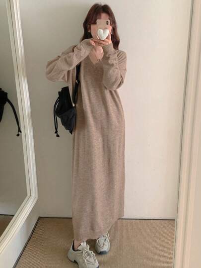 DAZY 女士纯色V领长袖宽松直筒休闲毛衣连衣裙，适合秋冬季保暖内衬
