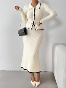 Chiquease 2pcs Women's Long Sleeve Contrast Color Single Breasted Collared Cardigan And Slim A-Line Skirt Set - Multicolor - View 1