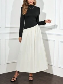 SHEIN Clasi 女士迷你立领拼接长袖荷叶边连衣裙 - 黑與白 - 查看 1