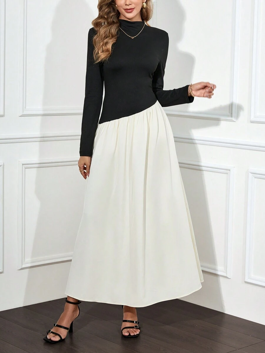 SHEIN Clasi 女士迷你立领拼接长袖荷叶边连衣裙 - 黑與白 - 查看 1